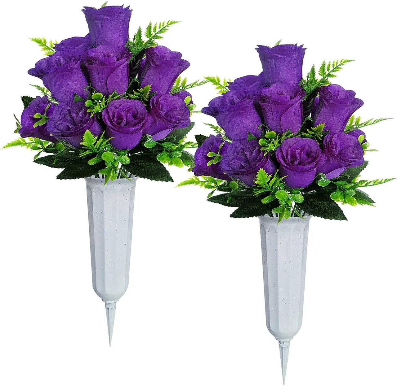 Artificial Cemetery Flowers – 2 Sets Purple Rose Bouquets with Vase for Grave, Memorial, and Outdoor Headstone Decoration